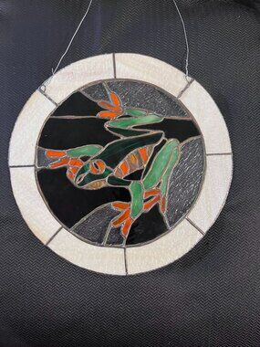 Stained Glass Tree Frog Suncatcher Round Window Hanging Art Green Orange O/S